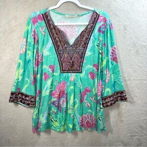 Soft Surroundings Magdalena Tunic Women’s‎ L Resort Wear Beaded Embroidered Aqua